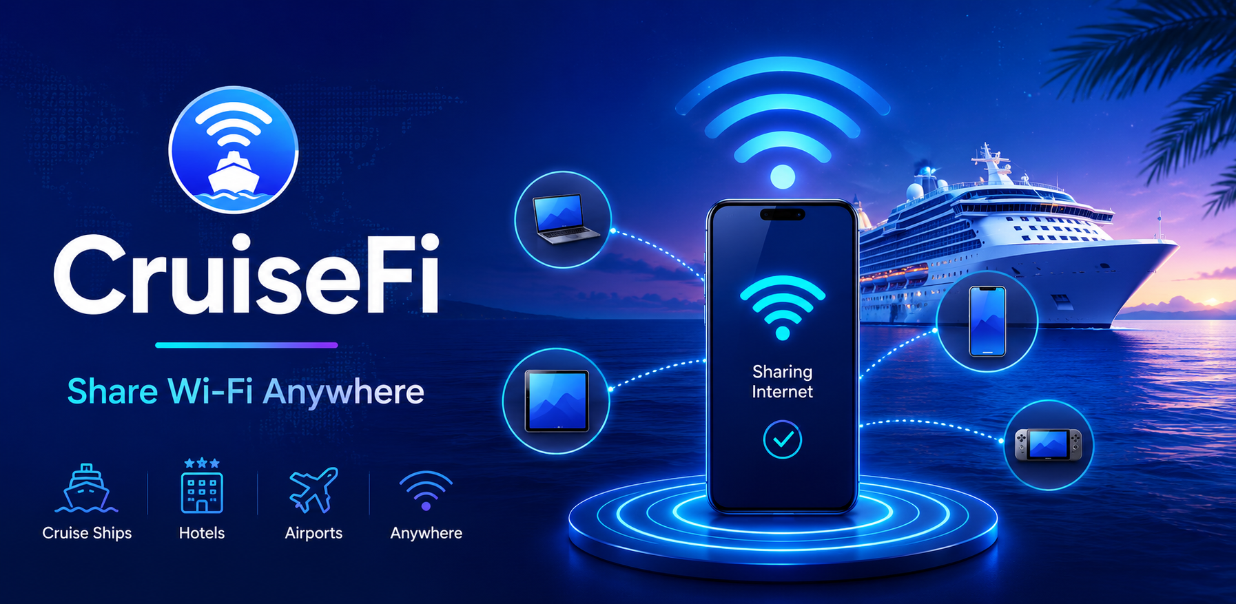 CruiseFi feature graphic showing internet sharing on a cruise